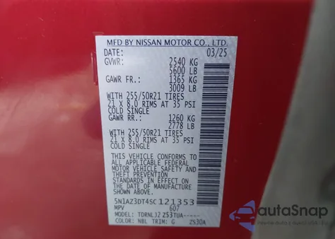 2025 Nissan Murano Platinum from USA, damaged, VIN 5N1AZ3DT4SC121353